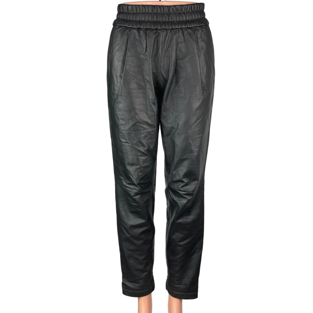 MNG Black Faux Vegan Leather Elastic Waist Pull On Tapered Trousers Pants Size S